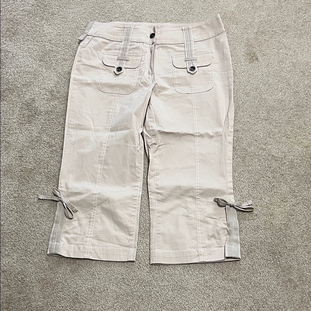 Khaki Cropped Cargo Capris with Tie Details